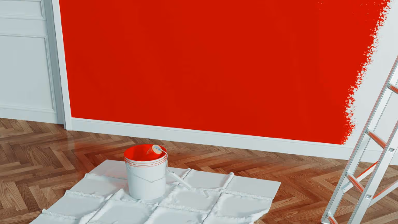 Mur intérieur peint en rouge par ISL Artisan Peintre, seau de peinture et échelle sur parquet